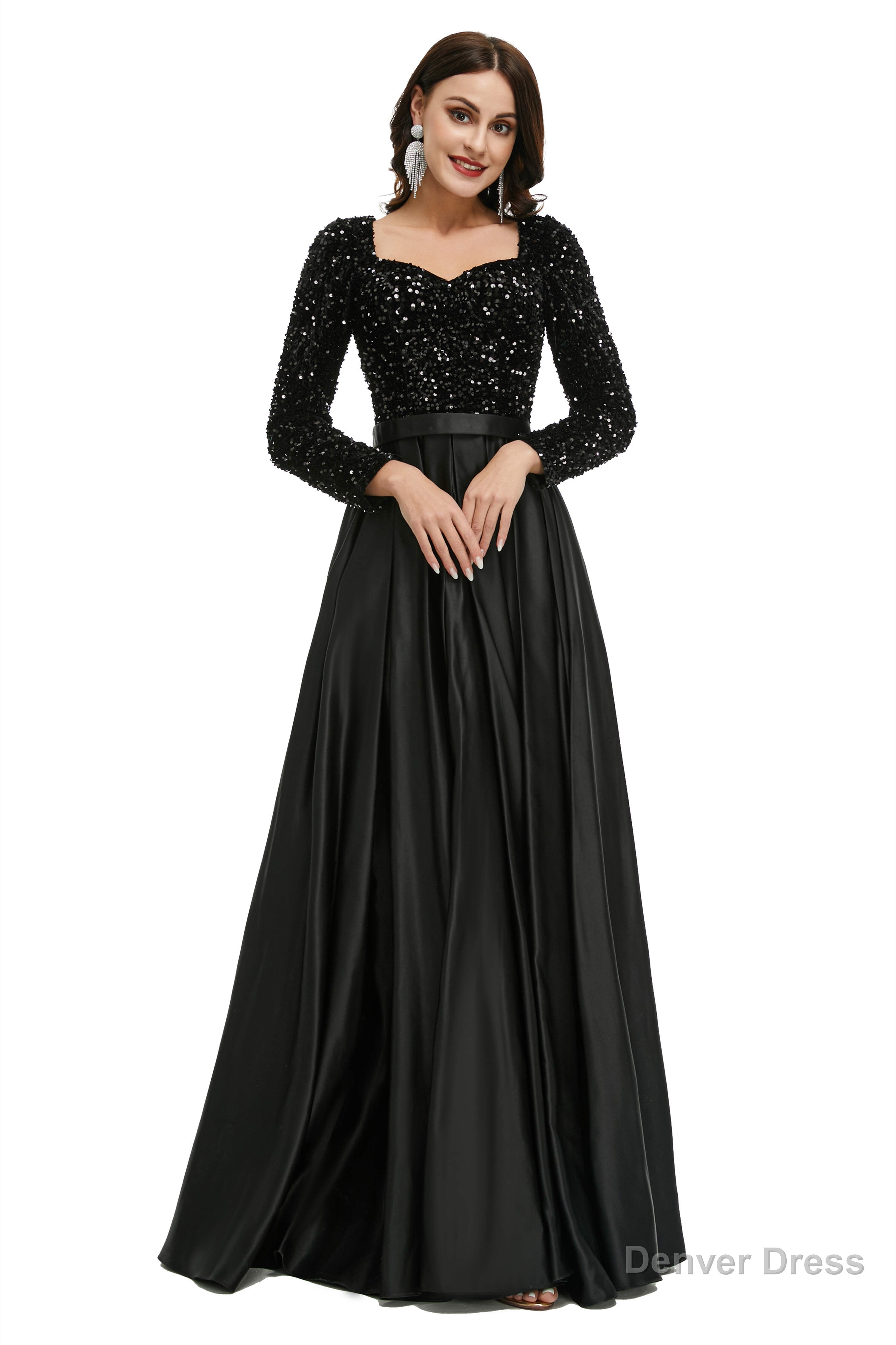 A Line Sequins Sweet Neck Long Sleeve Prom Dresses