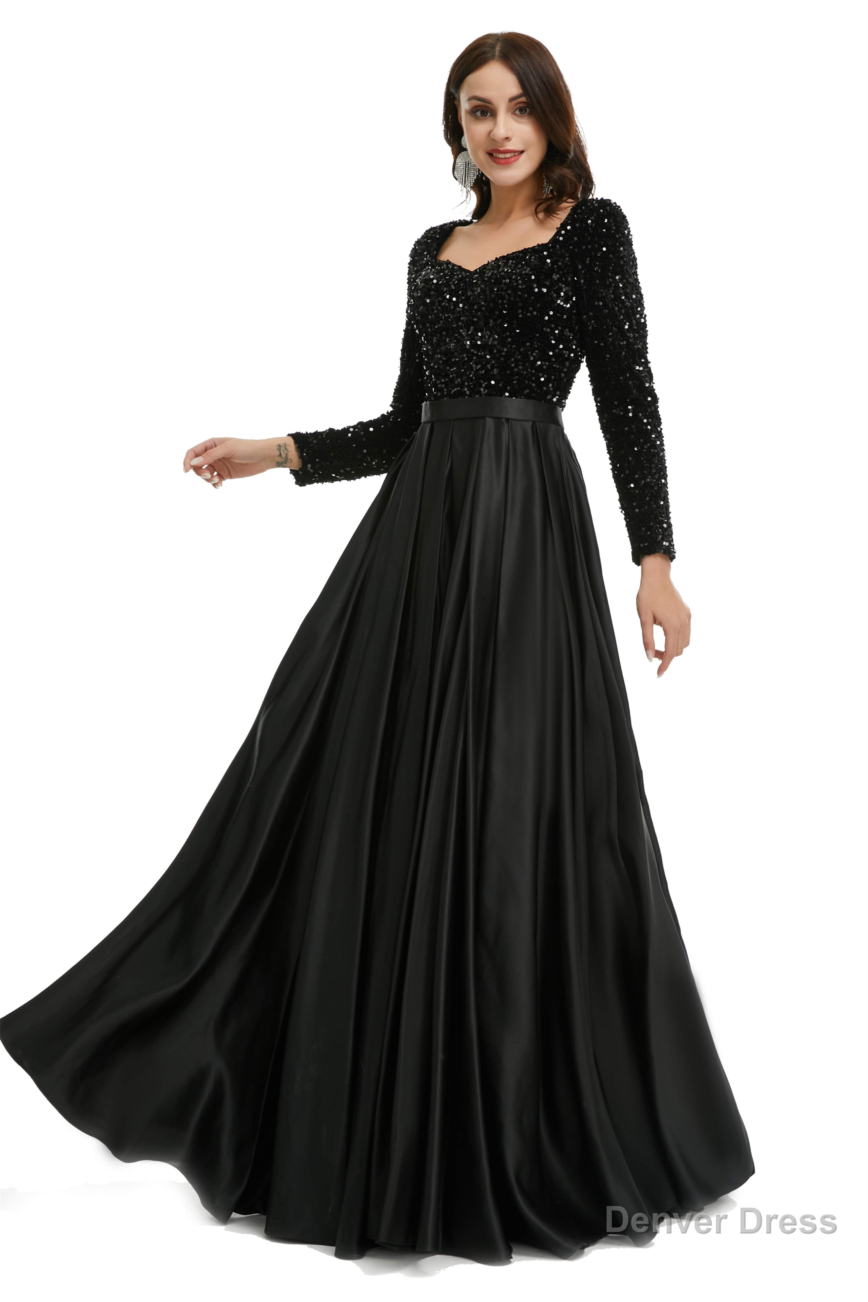A Line Sequins Sweet Neck Long Sleeve Prom Dresses