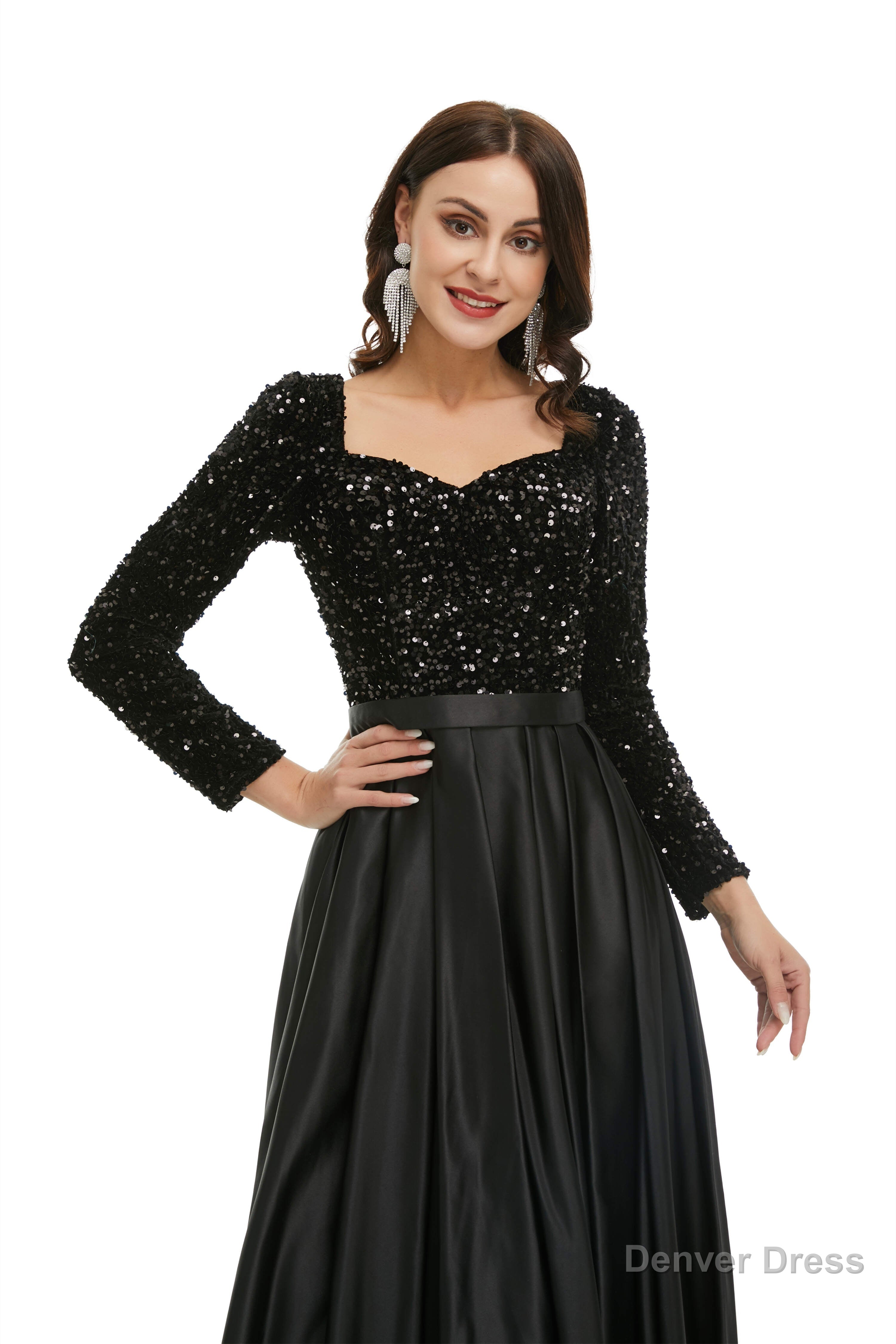 A Line Sequins Sweet Neck Long Sleeve Prom Dresses