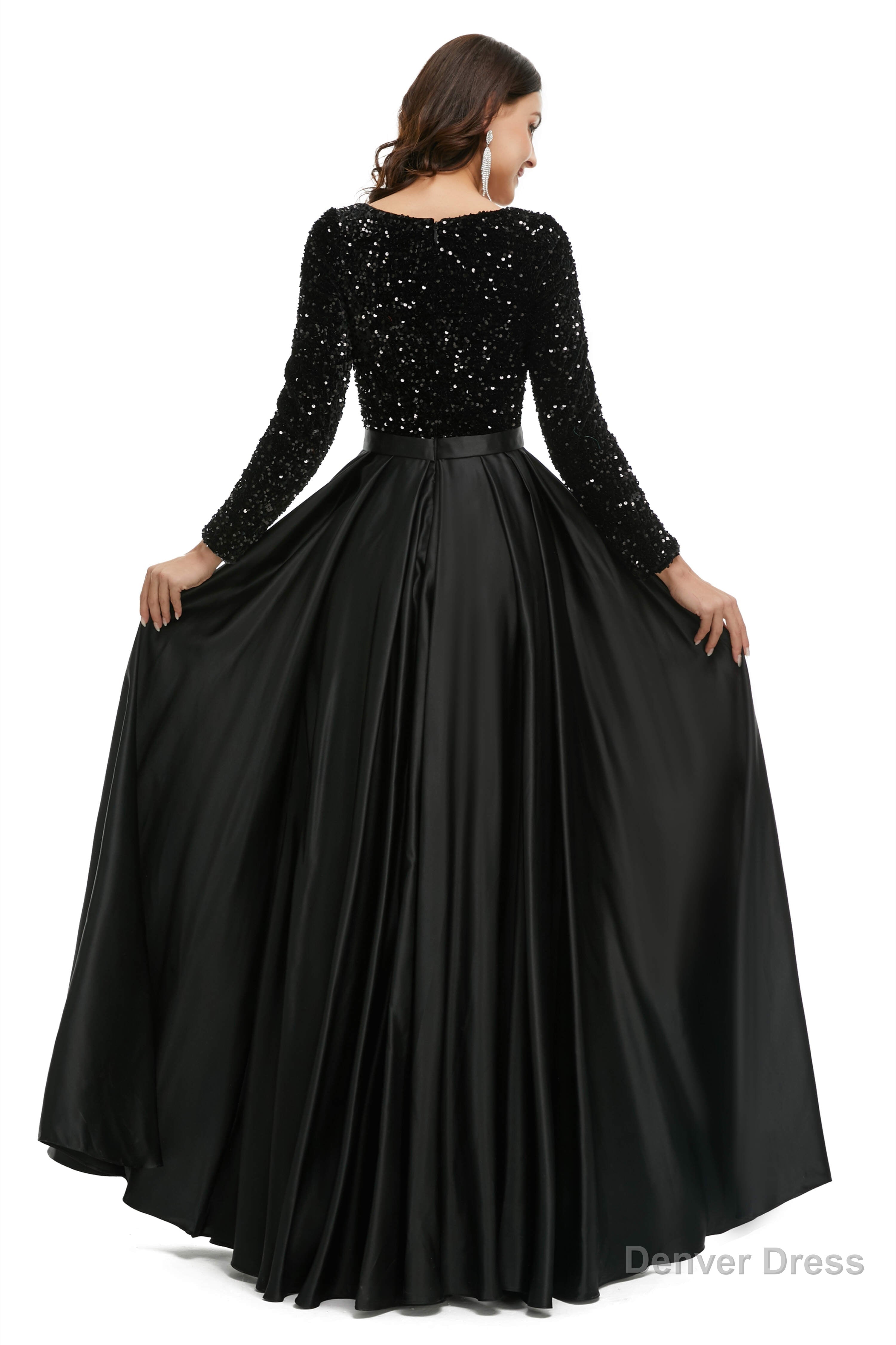 A Line Sequins Sweet Neck Long Sleeve Prom Dresses
