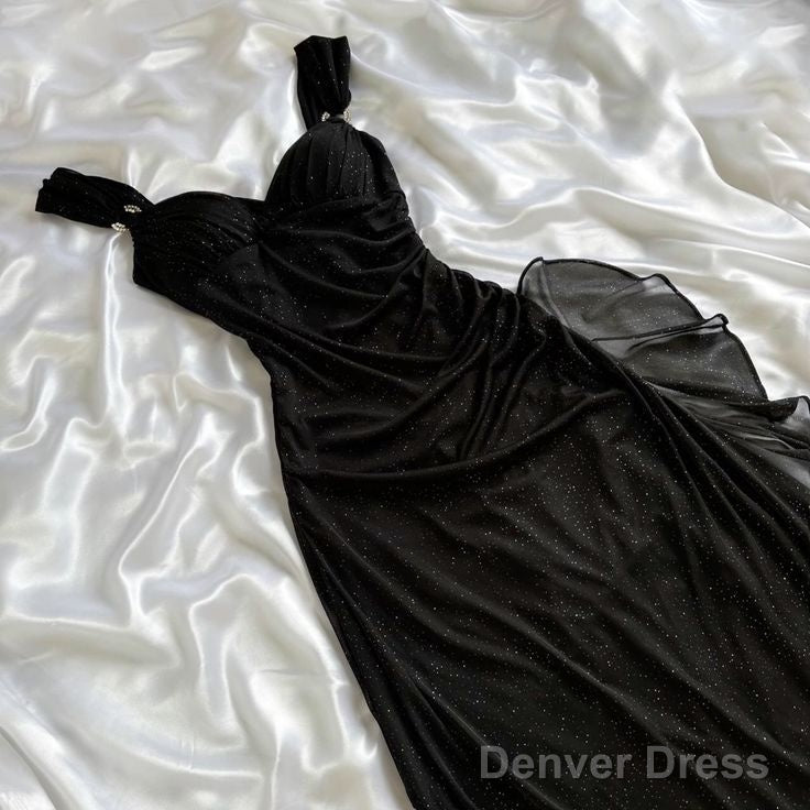 Black A Line Shiny Long Prom Dress Ruffled Evening Gown Main image