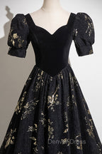 Black A Line Short Sleeves Sweetheart Floral Long Prom Dress, Black Prom Dresses
