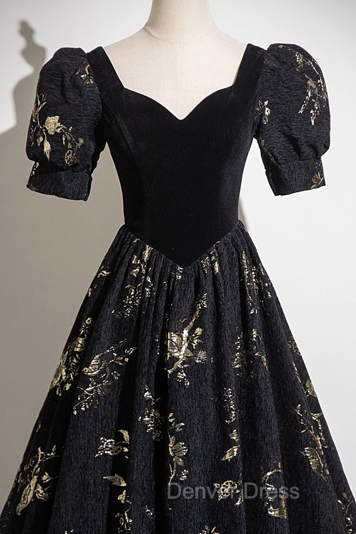 Black A Line Short Sleeves Sweetheart Floral Long Prom Dress, Black Prom Dresses