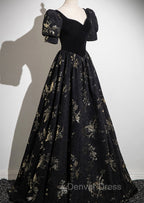 Black A Line Short Sleeves Sweetheart Floral Long Prom Dress, Black Prom Dresses