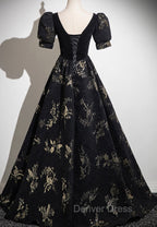 Black A Line Short Sleeves Sweetheart Floral Long Prom Dress, Black Prom Dresses