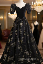Black A Line Short Sleeves Sweetheart Floral Long Prom Dress, Black Prom Dresses