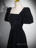 Black A Line Short Sleeves Velvet Simple Prom Dress, Black Prom Dress