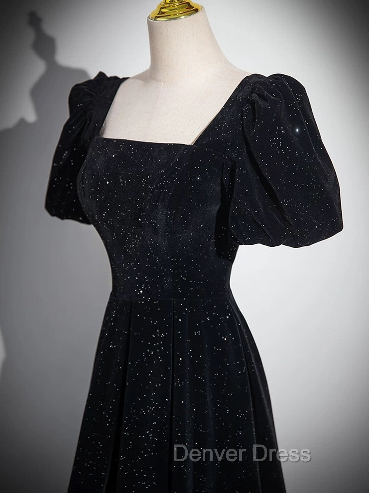 Black A Line Short Sleeves Velvet Simple Prom Dress, Black Prom Dress