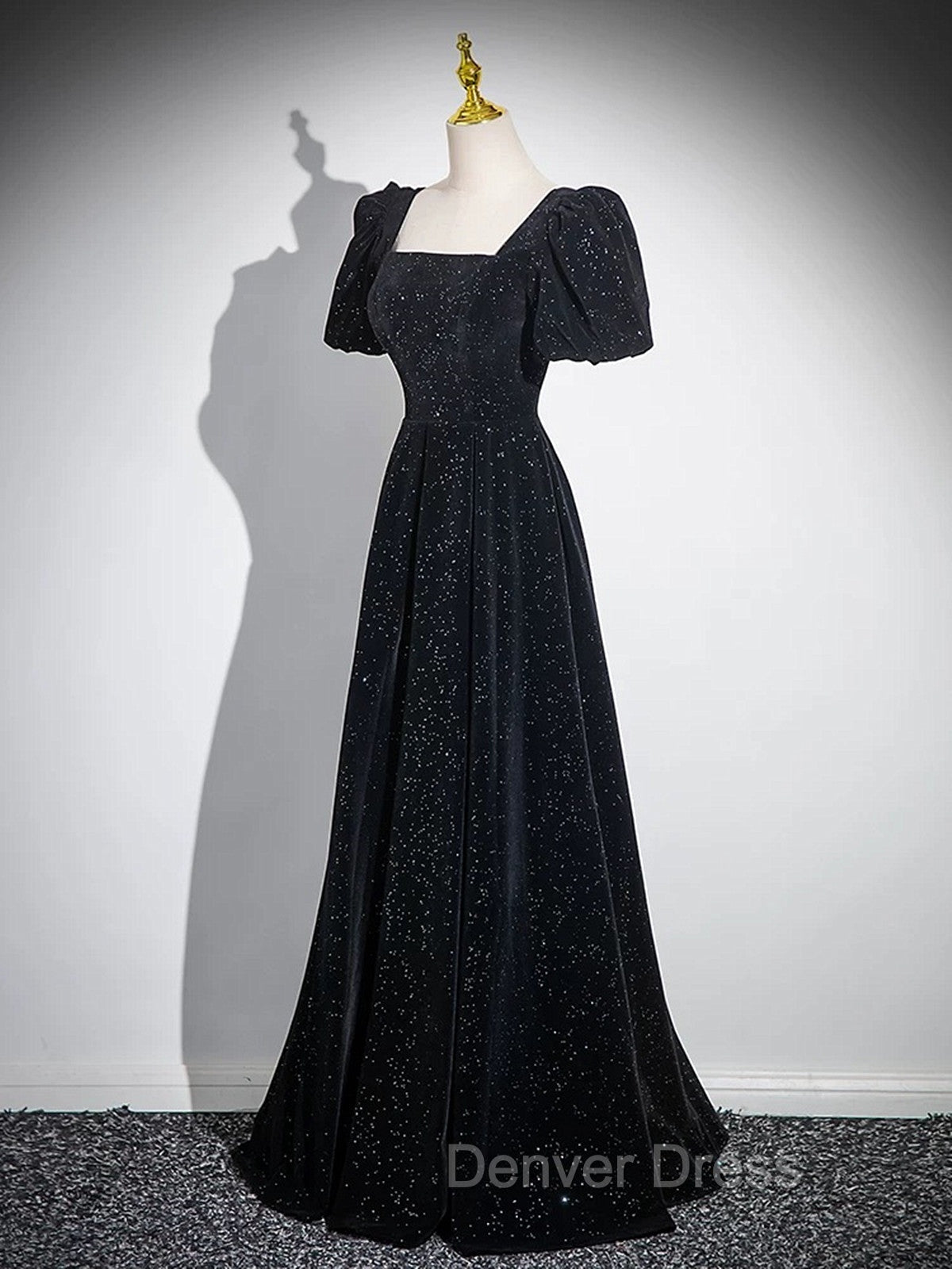Black A Line Short Sleeves Velvet Simple Prom Dress, Black Prom Dress