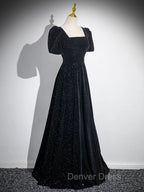 Black A Line Short Sleeves Velvet Simple Prom Dress, Black Prom Dress