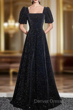 Black A Line Short Sleeves Velvet Simple Prom Dress, Black Prom Dress