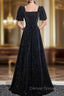 Black A Line Short Sleeves Velvet Simple Prom Dress, Black Prom Dress