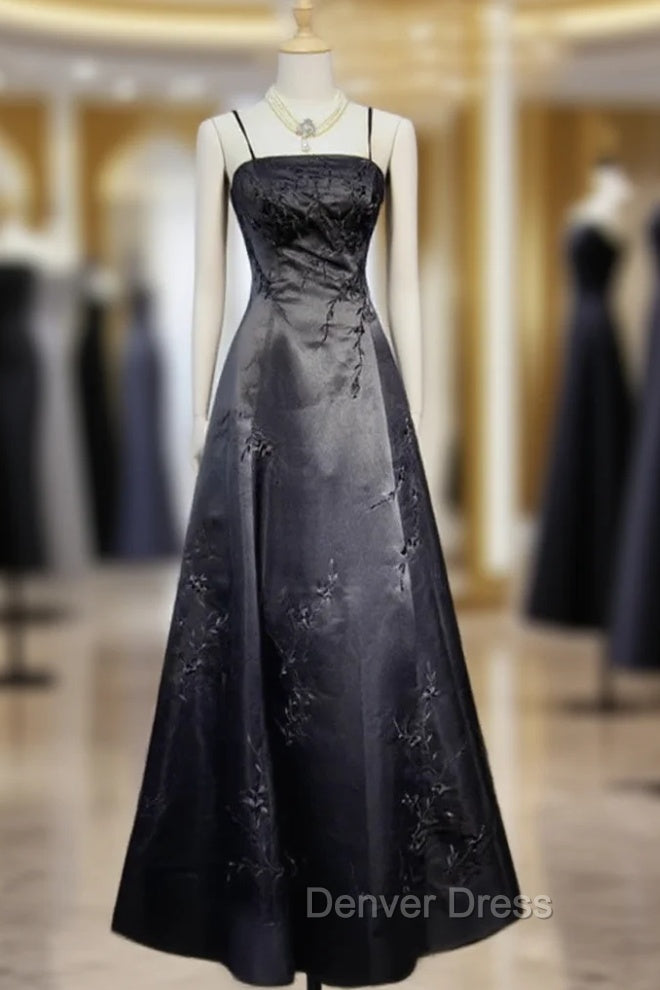 Black A-Line Straps Beaded Floor Length Party Dresses, Black Satin Long Prom Dresses Main image