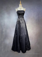 Black A-Line Straps Beaded Floor Length Party Dress, Black Satin Long Prom Dress