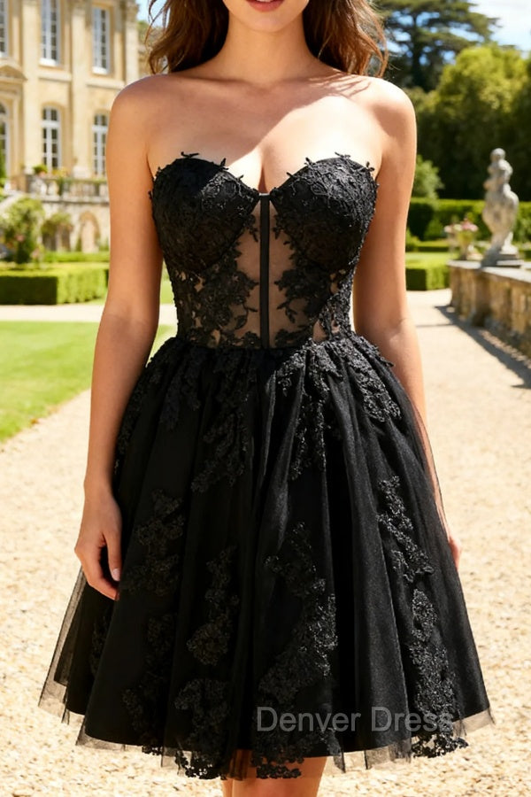 Black A Line Sweetheart Appliqued Sheer Corset Short Homecoming Dress Main image
