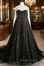 Black A line Sweetheart Neck Tulle Long Prom Dresses, Black Formal Graduation Dresses