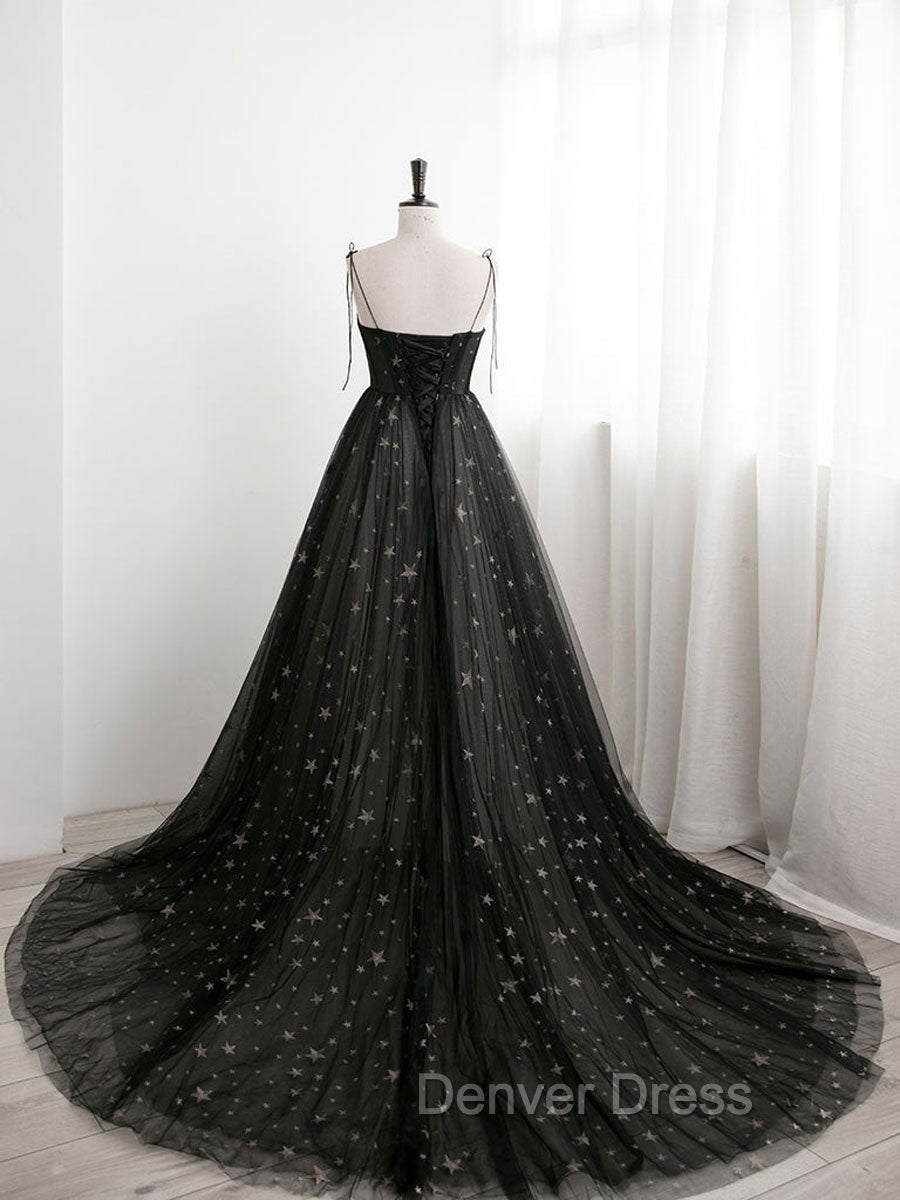 Black A line Sweetheart Neck Tulle Long Prom Dresses, Black Formal Graduation Dresses