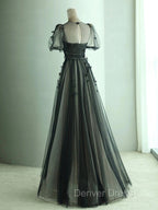 Black A Line Tulle Butterfly Long Prom Dress, Black Long Prom Dresses