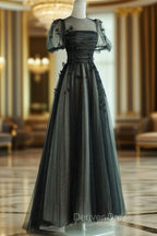Black A Line Tulle Butterfly Long Prom Dress, Black Long Prom Dresses