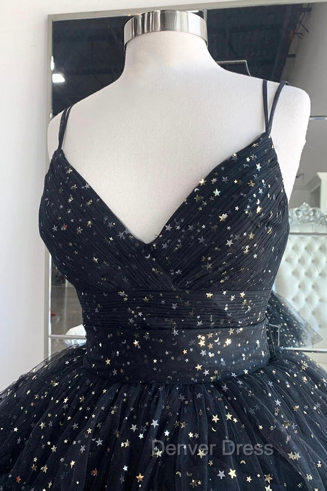 Black A-Line Tulle High Low Prom Dresses, V-Neck Evening Party Dresses Secondary image