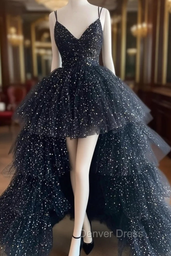 Black A-Line Tulle High Low Prom Dresses, V-Neck Evening Party Dresses Main image