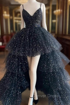 Black A-Line Tulle High Low Prom Dresses, V-Neck Evening Party Dresses