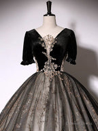 Black A Line Tulle Lace Long Prom Dress, Black Lace Prom Dresses