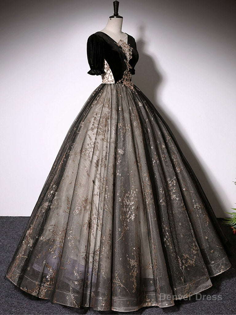 Black A Line Tulle Lace Long Prom Dress, Black Lace Prom Dresses