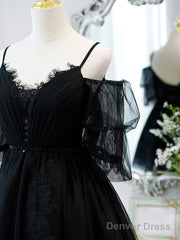 Black A-Line Tulle Lace Short Prom Dress, Black Homecoming Dresses