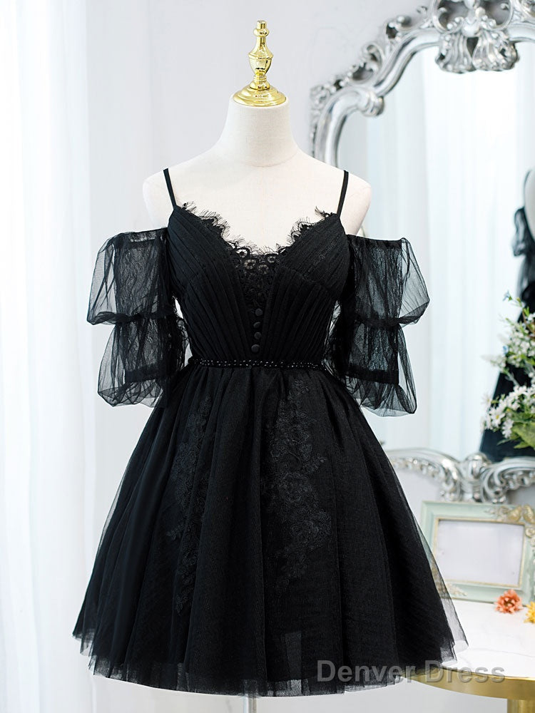 Black A Line Tulle Lace Short Prom Dress, Black Homecoming Dresses Main image