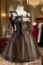 Black A-Line Tulle Lace Short Prom Dresses, Black Lace Homecoming Dresses