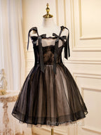 Black A Line Tulle Lace Short Prom Dress, Black Lace Homecoming Dresses