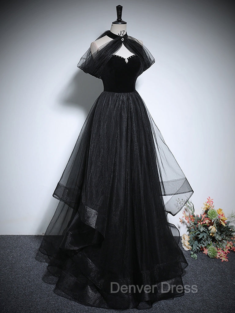 Black A Line Tulle Long Prom Dress, Black Long Prom Dresses