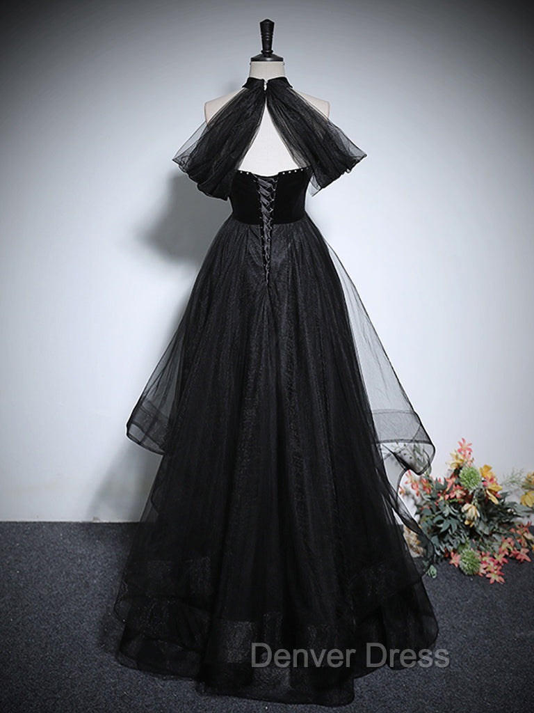 Black A Line Tulle Long Prom Dress, Black Long Prom Dresses