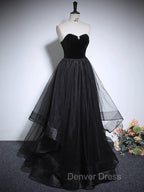 Black A Line Tulle Long Prom Dress, Black Long Prom Dresses