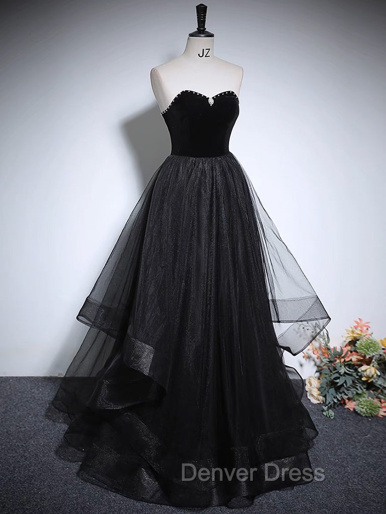 Black A Line Tulle Long Prom Dress, Black Long Prom Dresses