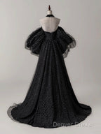 Black A- Line Tulle Long Prom Dresses, Black Long Formal Dresses