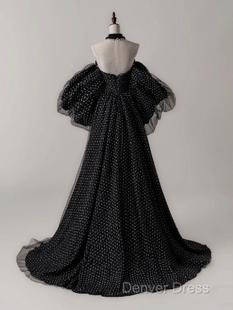 Black A- Line Tulle Long Prom Dresses, Black Long Formal Dresses