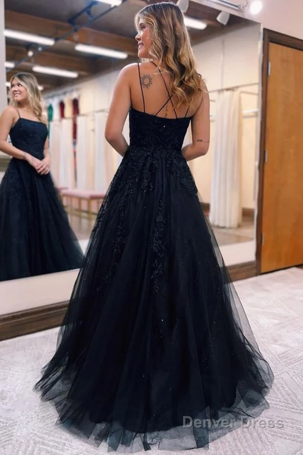 Black A-Line Tulle Long Prom Dress with Lace – Denver Dress