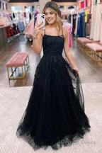 Black A Line Tulle Long Prom Dresses with Lace