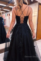 Black A Line Tulle Long Prom Dresses with Lace