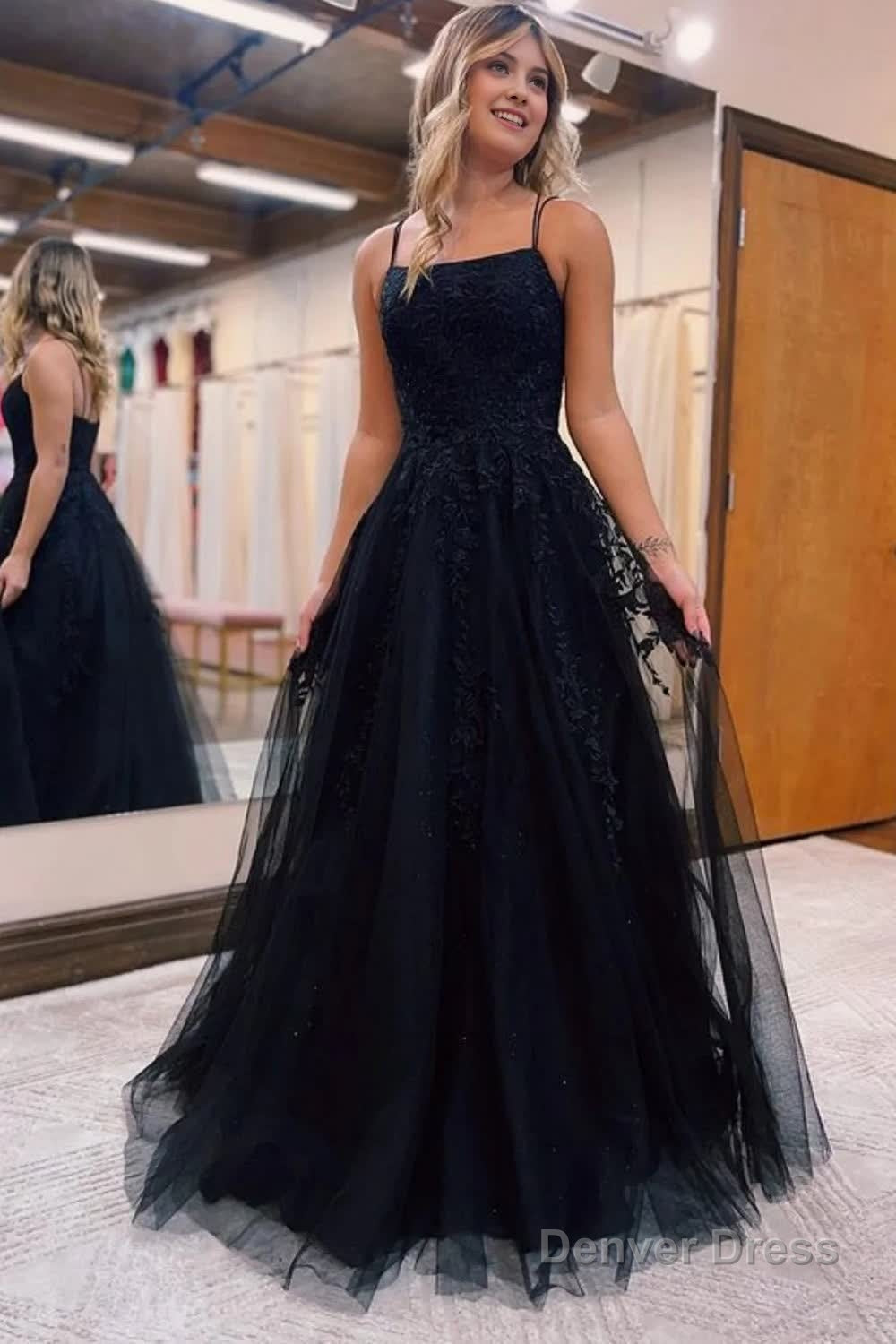 Black A Line Tulle Long Prom Dresses with Lace Main image