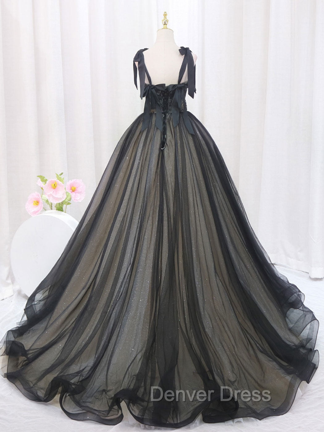 Black A-Line Tulle Long Prom Dresses, Black Tulle Formal Evening Dresses