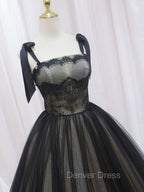 Black A-Line Tulle Long Prom Dresses, Black Tulle Formal Evening Dresses