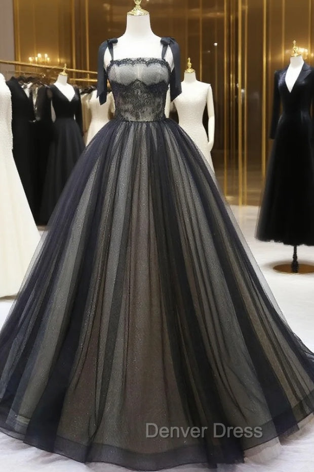 Black A-Line Tulle Long Prom Dresses, Black Tulle Formal Evening Dresses Main image