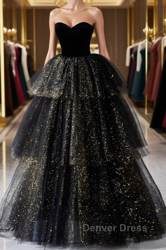 Black A Line Tulle Shiny Tulle Long Prom Dress, Black Tulle Prom Dresses
