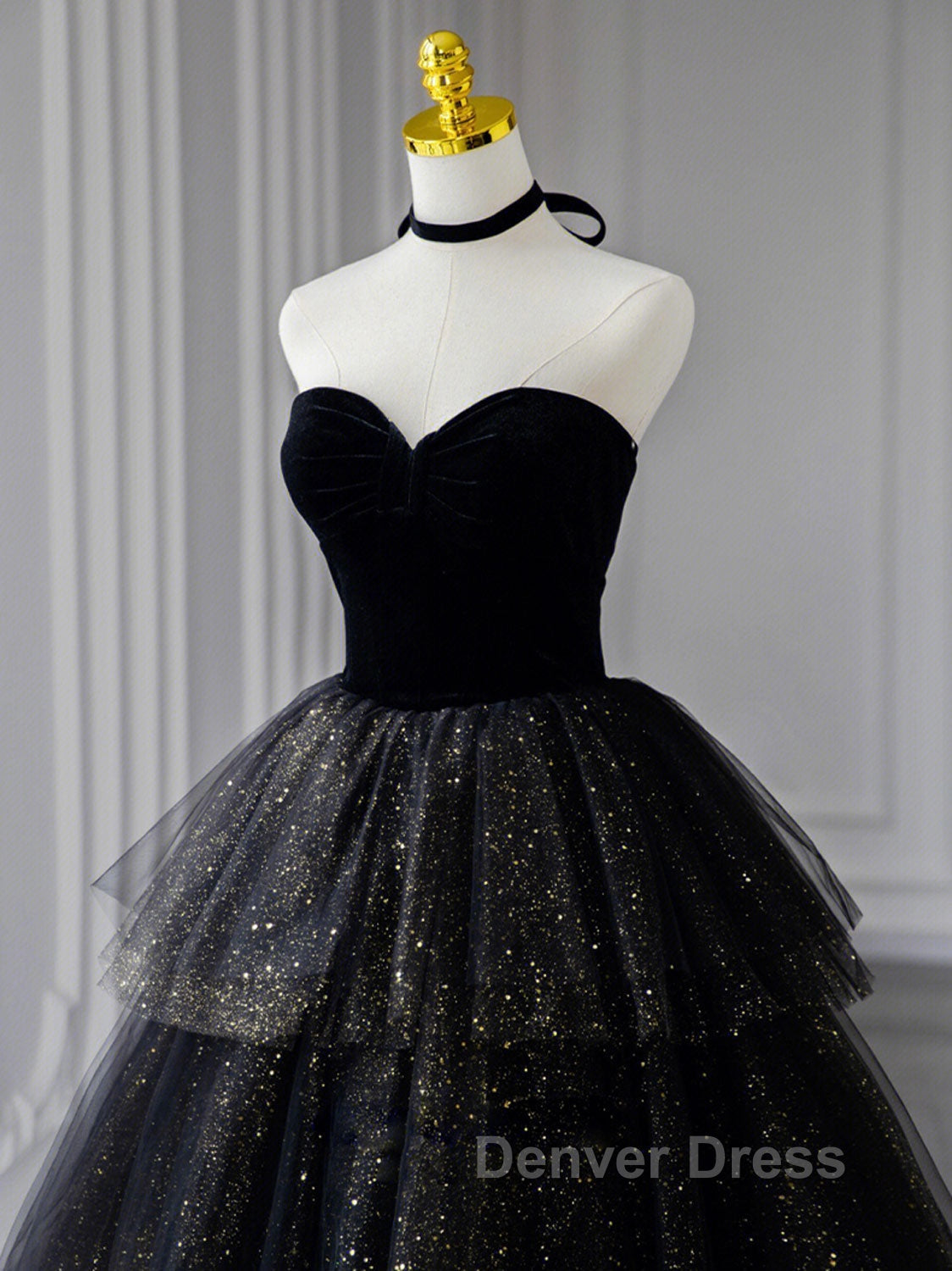 Black A Line Tulle Shiny Tulle Long Prom Dress, Black Tulle Prom Dresses Secondary image