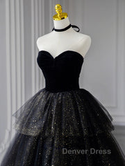 Black  A-Line Tulle Shiny Tulle Long Prom Dresses, Black Tulle Formal Dresses