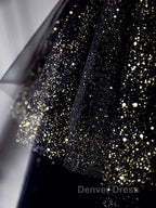 Black A Line Tulle Shiny Tulle Long Prom Dress, Black Tulle Prom Dresses