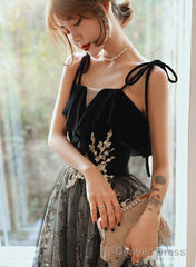 Black A-Line Tulle Straps Long Party Dress, A-Line Black Formal Dress Prom Dress